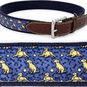 Vineyard Vines Canvas Leather Belt Sz 30 Retriever Yellow Lab Dog Print Preppy